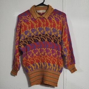 Vintage Brenda French Hand Loomed Sweater USA 80s Abstract Knit Bold Color Sz Lg